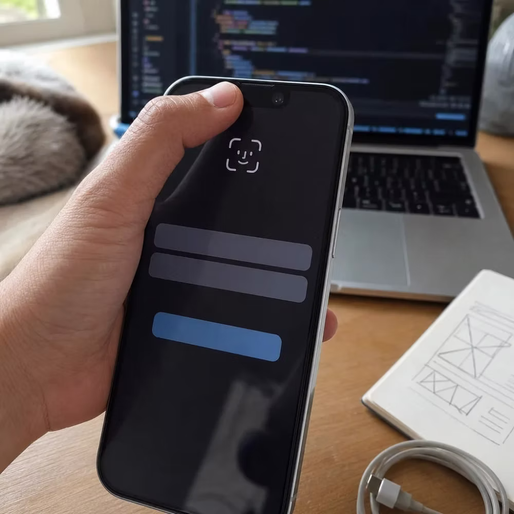 Close-up of testing an iOS app screen on an iPhone during development